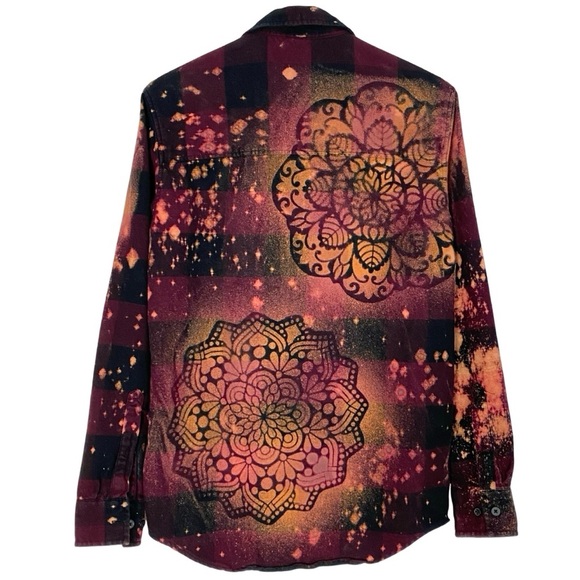 Handmade Flannel Shirt Womens XS Boho Stencil Bleached Upcycled Button Down Red - Picture 2 of 9